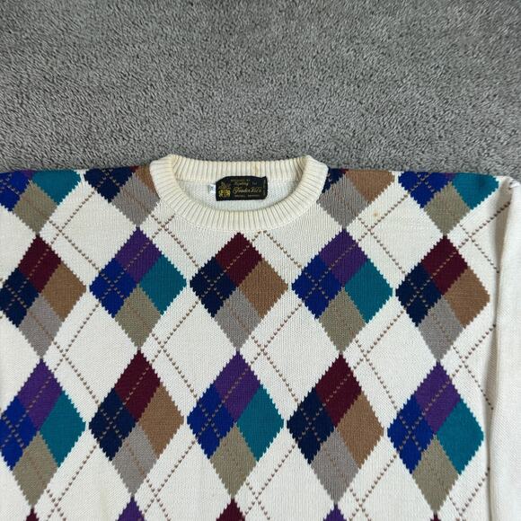 VINTAGE Kipling Sweater Mens XL Beige Argyle Trader Vic's Cotton Pullover 80s - Picture 3 of 11